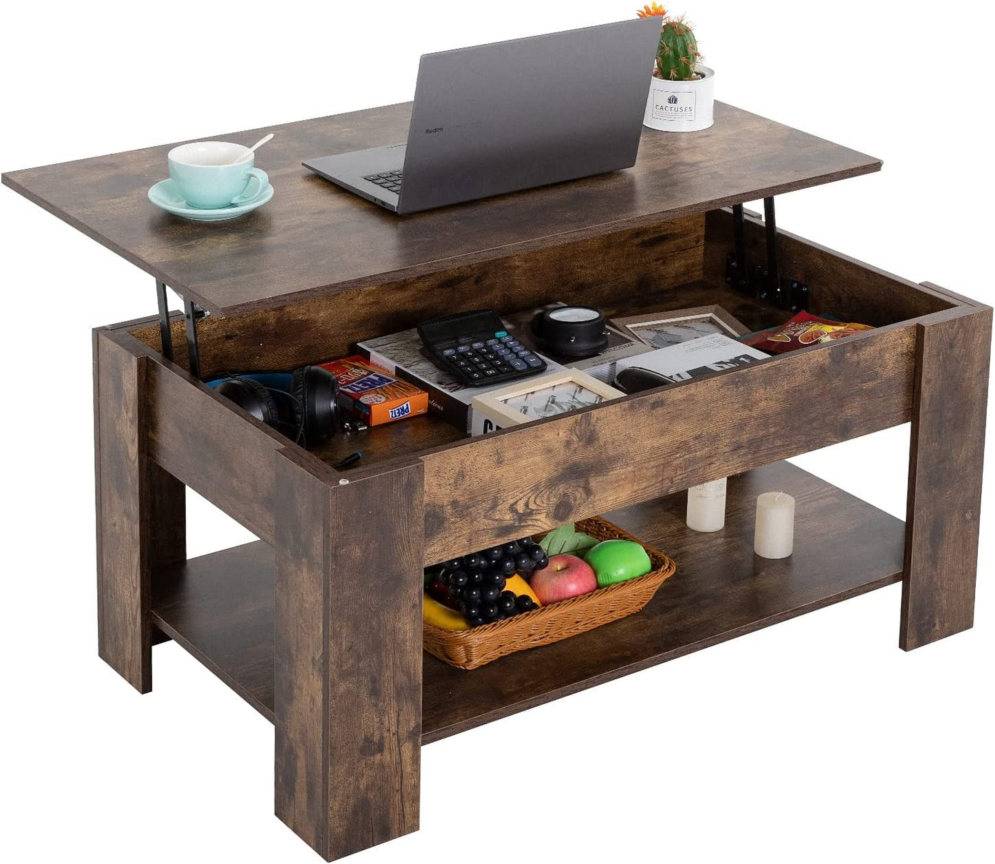 Farmhouse Solid Wooden Lift-Top Coffee Table With Hidden Shelf Compartment And Bottom Shelf, Rustic