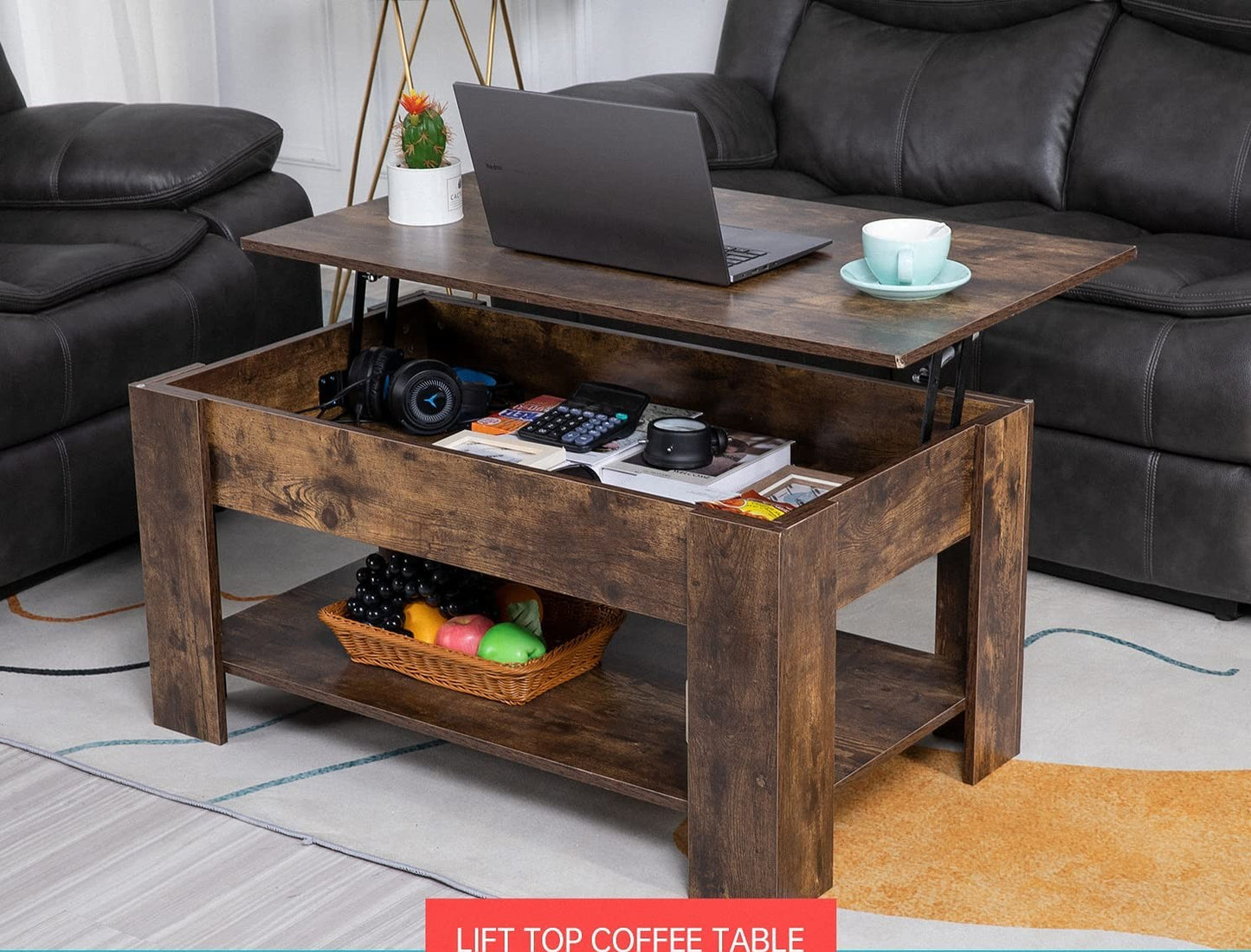 Farmhouse Solid Wooden Lift-Top Coffee Table With Hidden Shelf Compartment And Bottom Shelf, Rustic