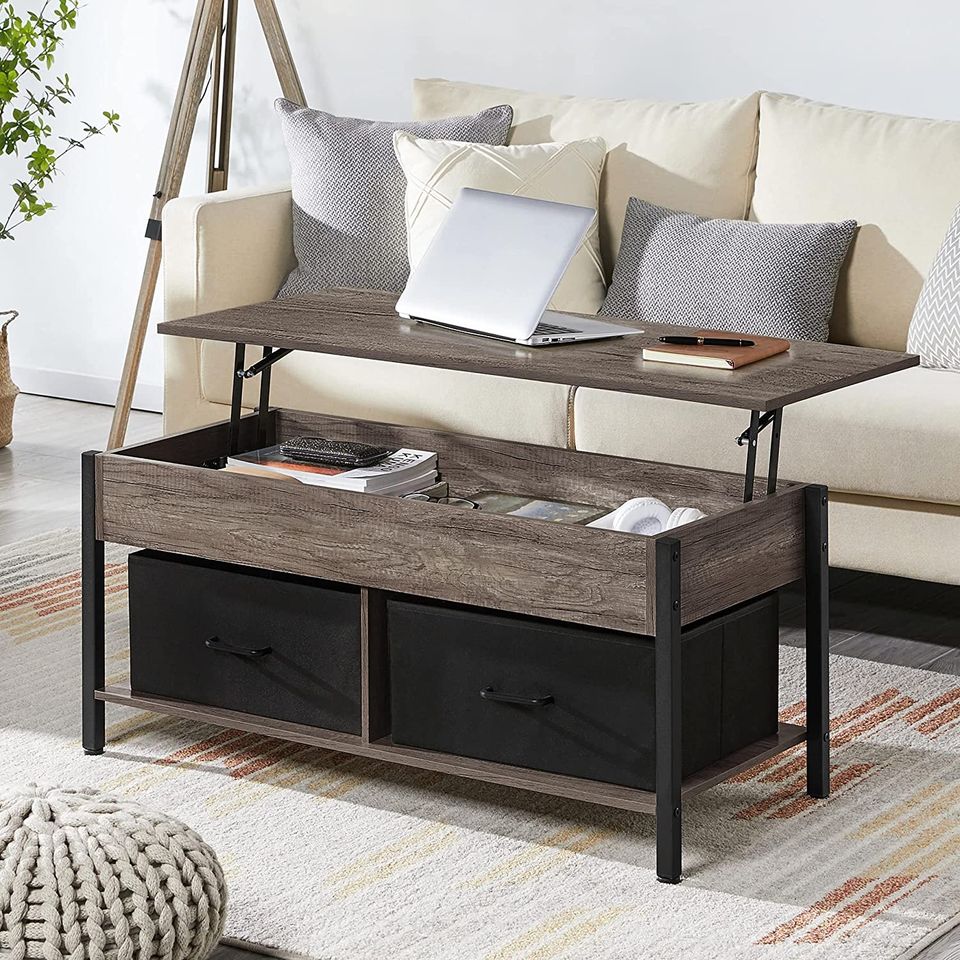 Cute Wood & Metal Coffee Table W/ Deep Hidden Storage & 2-Tier Bottom Shelf * FREE BASKETS INCLUDED