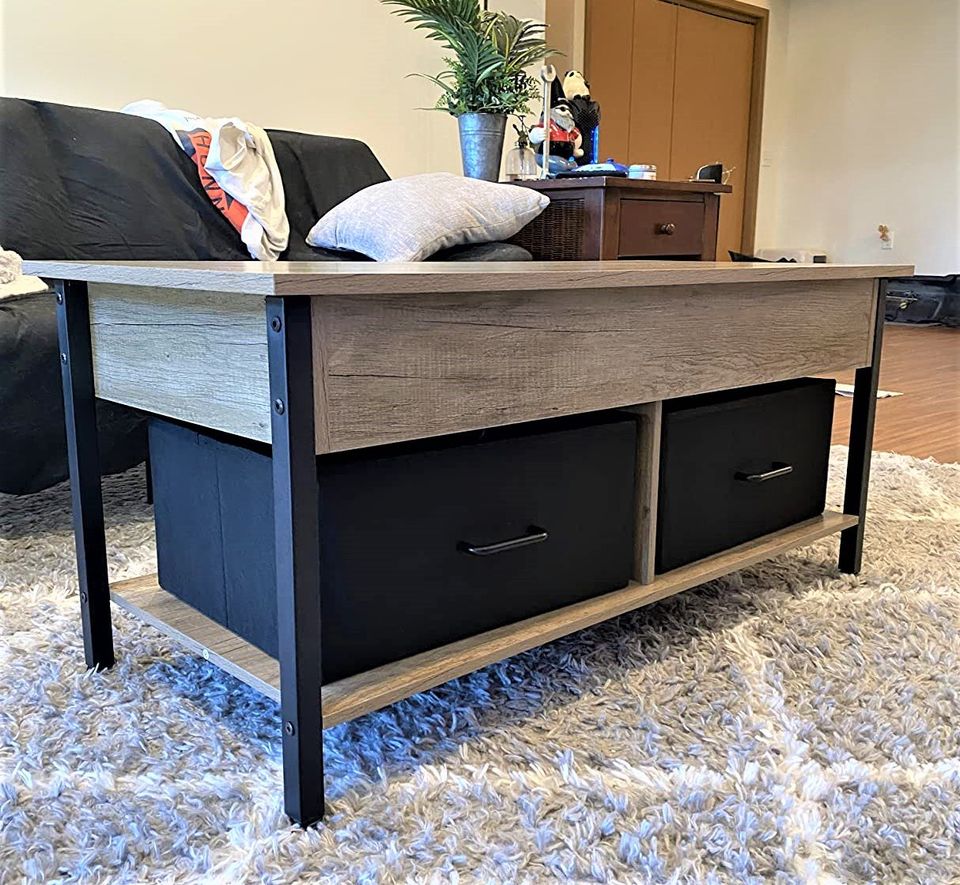 Cute Wood & Metal Coffee Table W/ Deep Hidden Storage & 2-Tier Bottom Shelf * FREE BASKETS INCLUDED