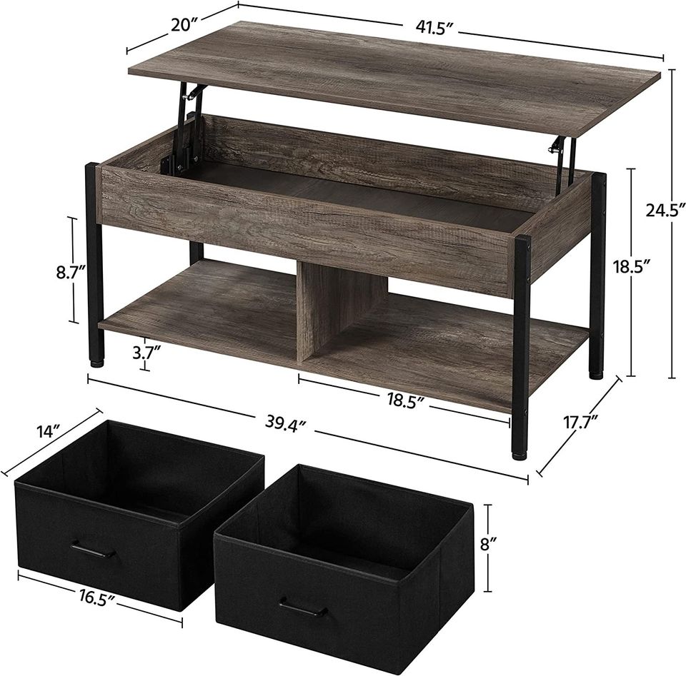 Cute Wood & Metal Coffee Table W/ Deep Hidden Storage & 2-Tier Bottom Shelf * FREE BASKETS INCLUDED