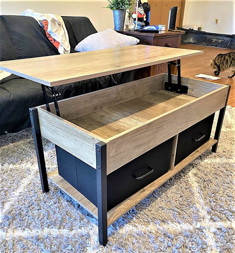 Cute Wood & Metal Coffee Table W/ Deep Hidden Storage & 2-Tier Bottom Shelf * FREE BASKETS INCLUDED