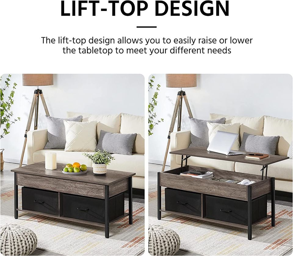 Cute Wood & Metal Coffee Table W/ Deep Hidden Storage & 2-Tier Bottom Shelf * FREE BASKETS INCLUDED