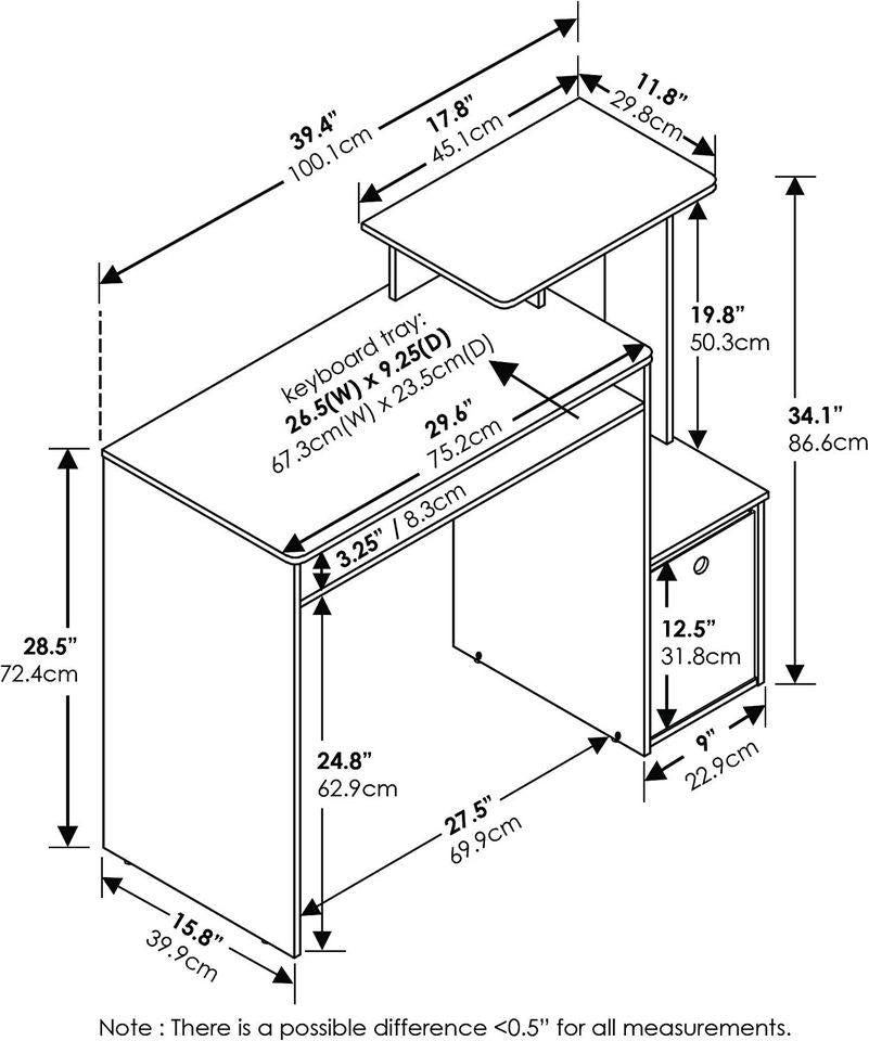 Modern Computer PC Desk With Keyboard Tray + Printer Shelf +Bin, Home Office PC Workstation, Chic