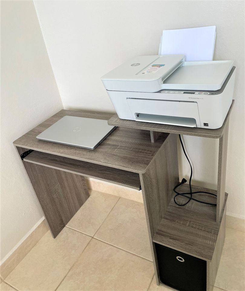 Modern Computer PC Desk With Keyboard Tray + Printer Shelf +Bin, Home Office PC Workstation, Chic