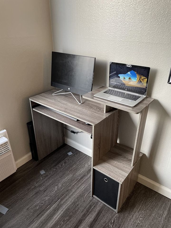 Modern Computer PC Desk With Keyboard Tray + Printer Shelf +Bin, Home Office PC Workstation, Chic