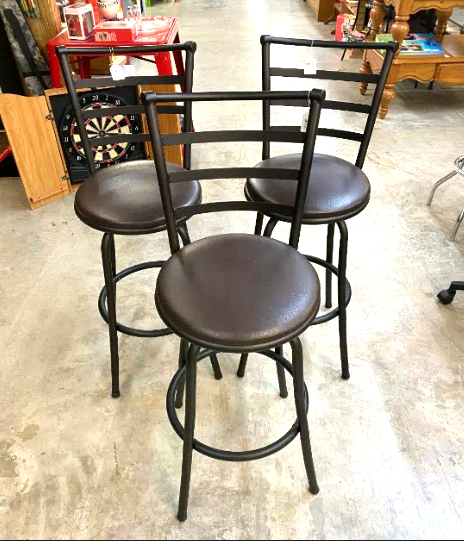 Industrial Counter Bar Stools Set of 3, Swivel Barstools with Metal Back + Fabric Seat and Footrest