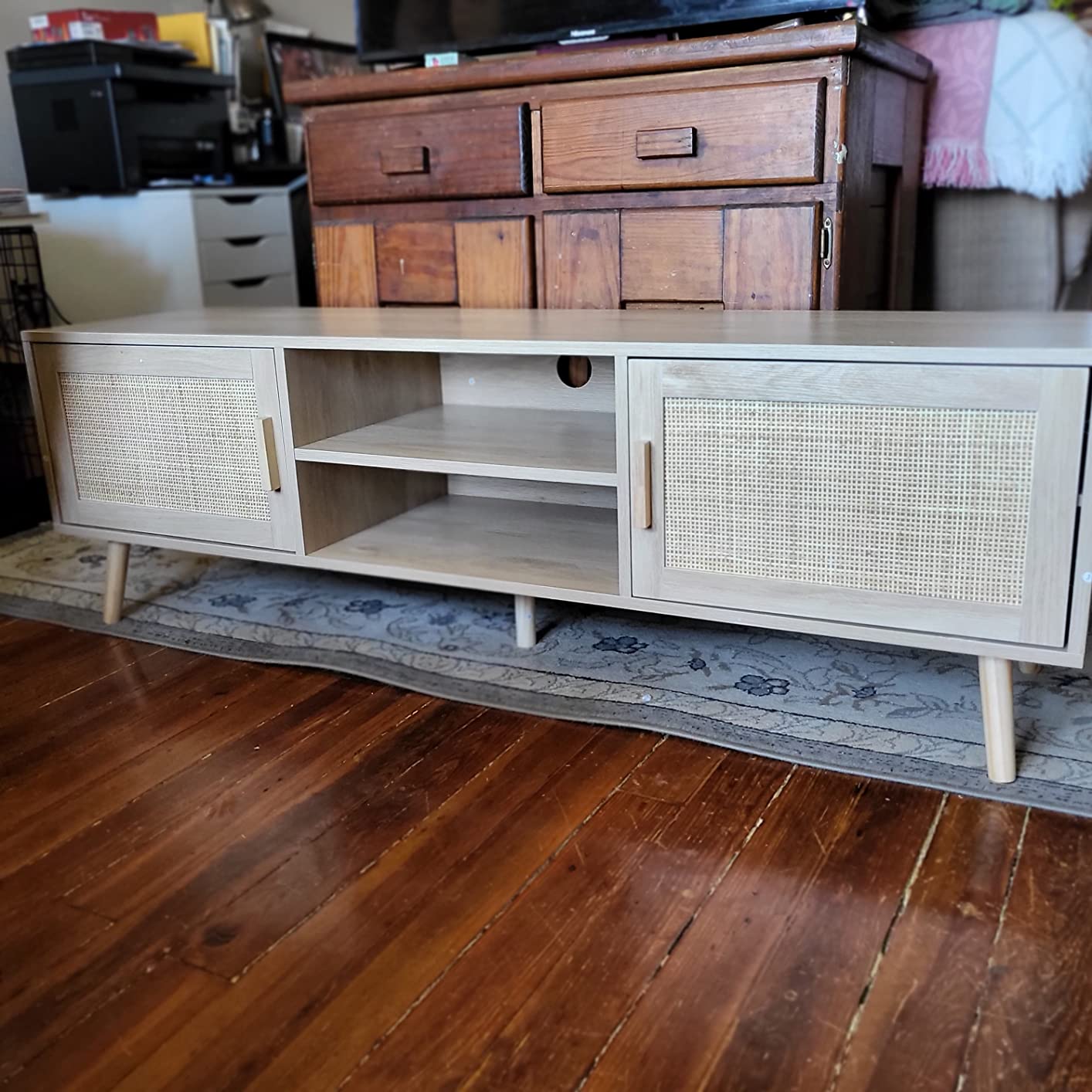 Rattan TV Stand, for TVs up to 65", Beautiful Console Media Center with Rattan Decorated Doors