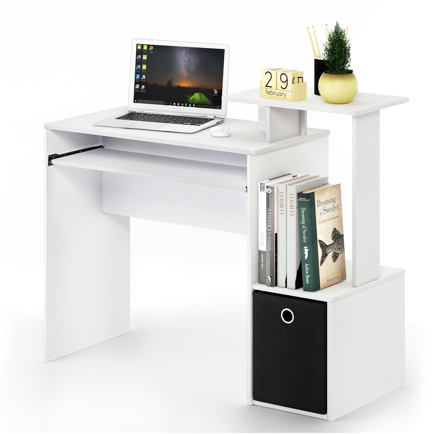 Modern Computer PC Desk With Keyboard Tray + Printer Shelf +Bin, Home Office PC Workstation, Chic