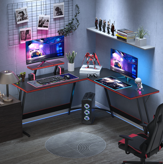 L-Shaped Gaming Desk 51 Inches Corner Office Gaming Desk with Removable Monitor Riser, Black