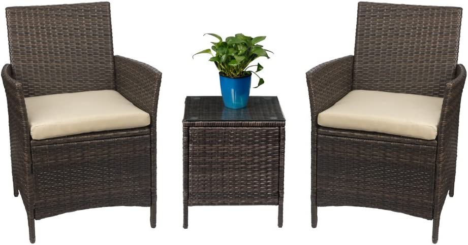 Modern 3 Pieces Patio Furniture Set Rattan Wicker Chairs w/Table Outdoor Garden Porch Furniture Set