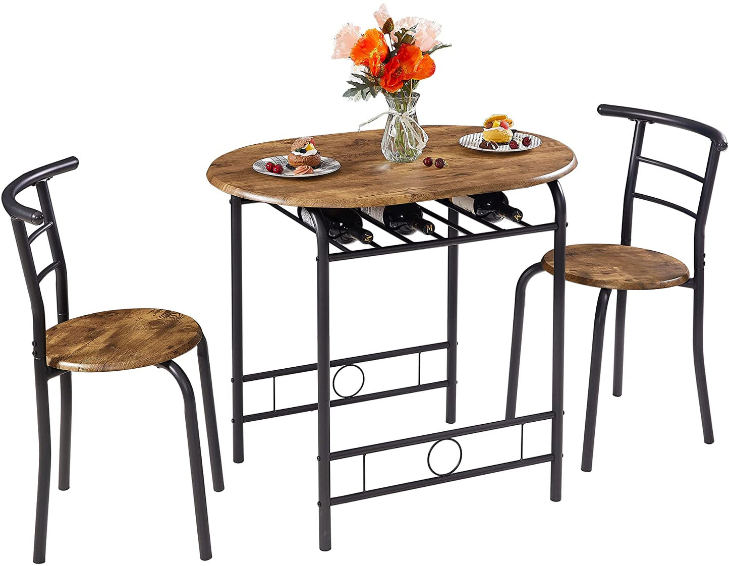 3 Piece Wood Round Table & Chair Set for Kitchen Dining Room with Wine Storage Rack + Metal Frame