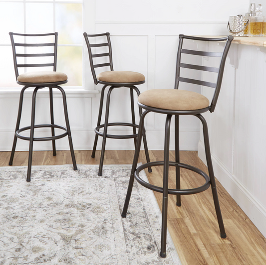 Industrial Counter Bar Stools Set of 3, Swivel Barstools with Metal Back + Fabric Seat and Footrest