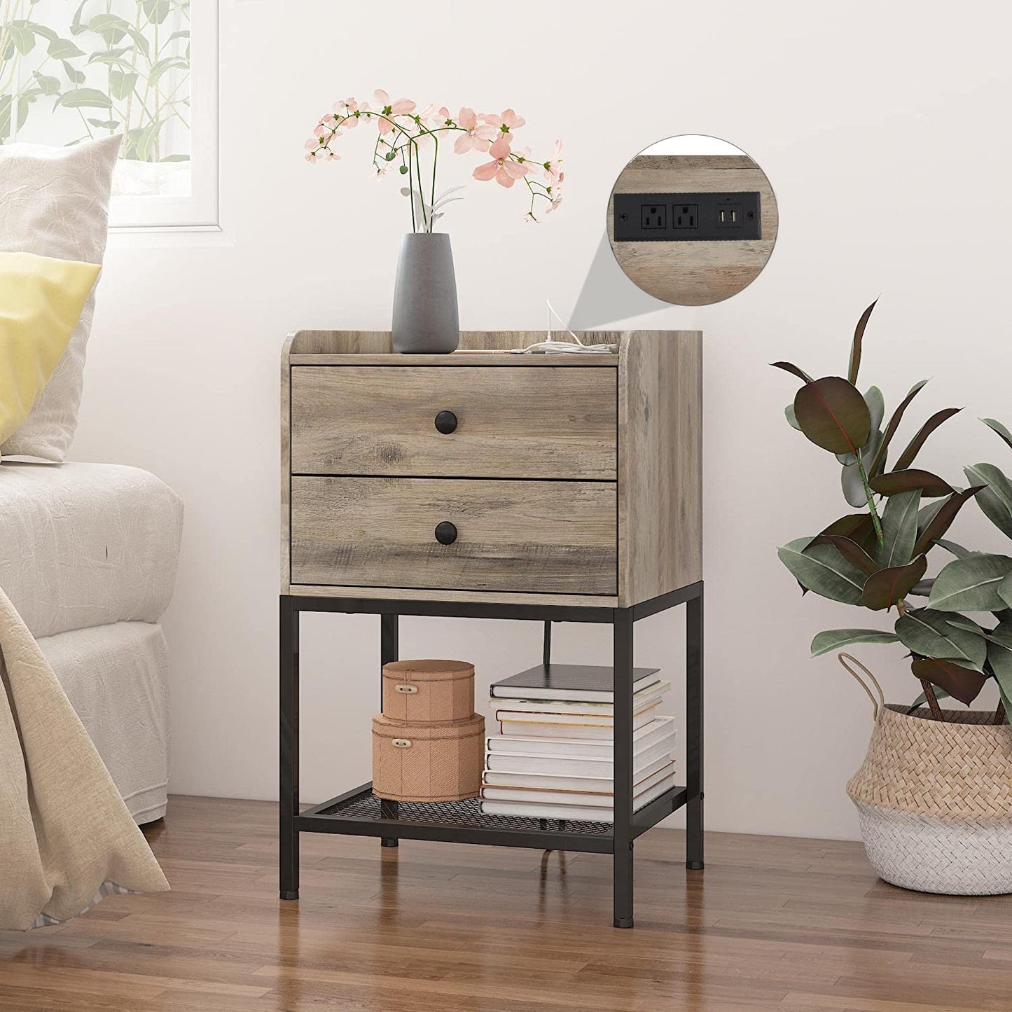 Nightstand with Charging Station and 2 USB Ports Side Table + 2 Drawers and Metal Shelf for Bedroom