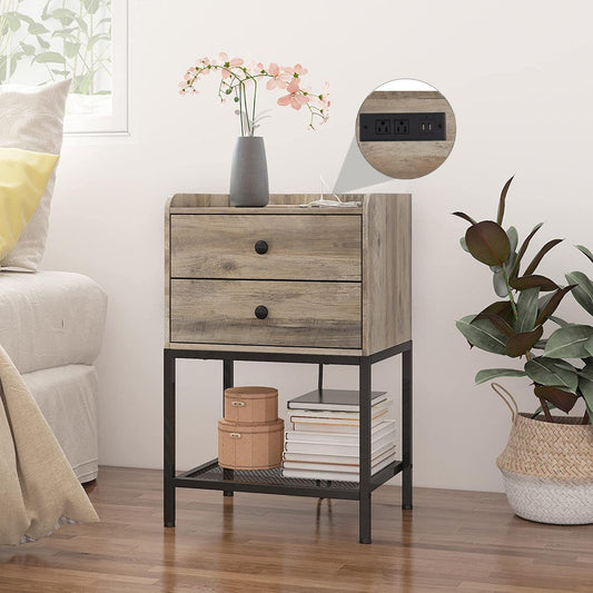 Nightstand with Charging Station and 2 USB Ports Side Table + 2 Drawers and Metal Shelf for Bedroom