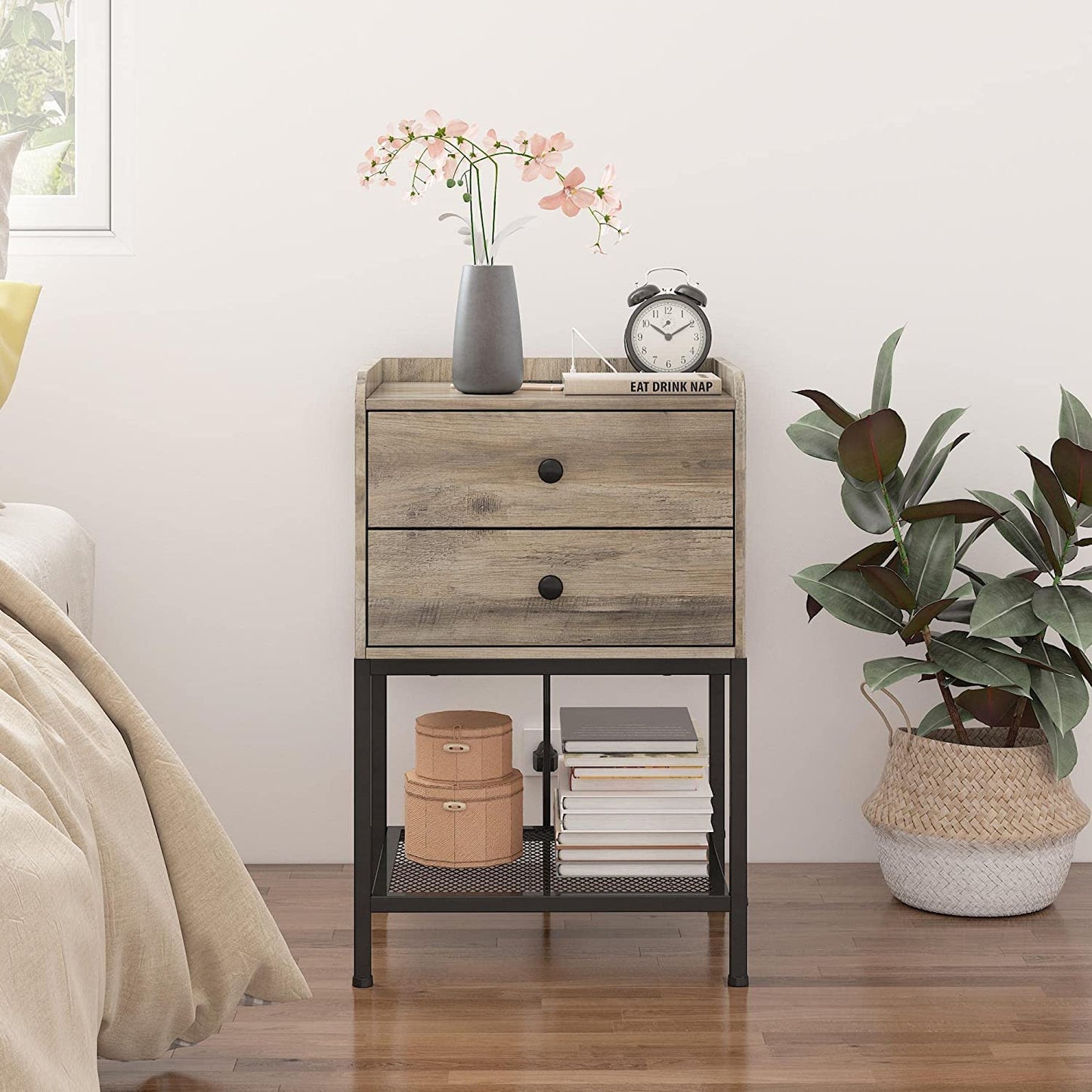 Nightstand with Charging Station and 2 USB Ports Side Table + 2 Drawers and Metal Shelf for Bedroom