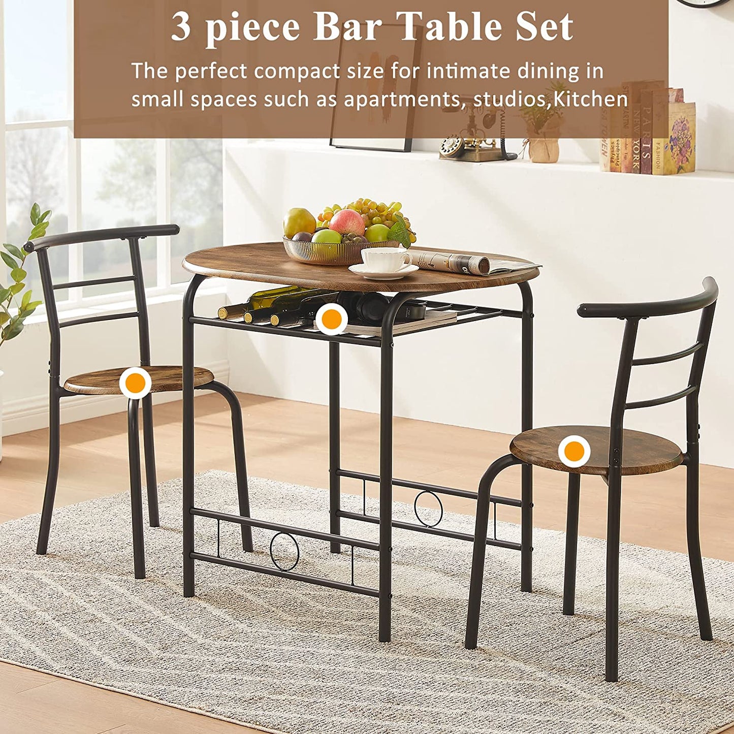 3 Piece Wood Round Table & Chair Set for Kitchen Dining Room with Wine Storage Rack + Metal Frame