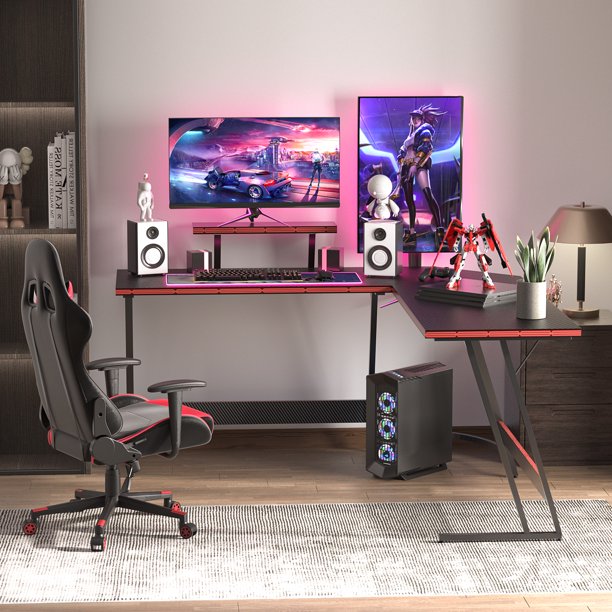 L-Shaped Gaming Desk 51 Inches Corner Office Gaming Desk with Removable Monitor Riser, Black