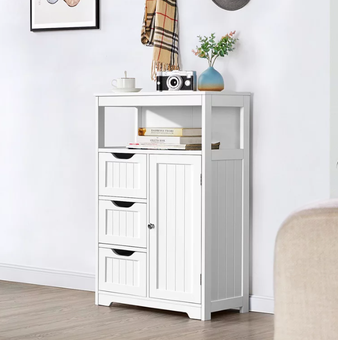 Cute White Dresser with 3 Drawer & Cupboard, Entryway, Cabinet Storage For Home Bedroom Bathroom