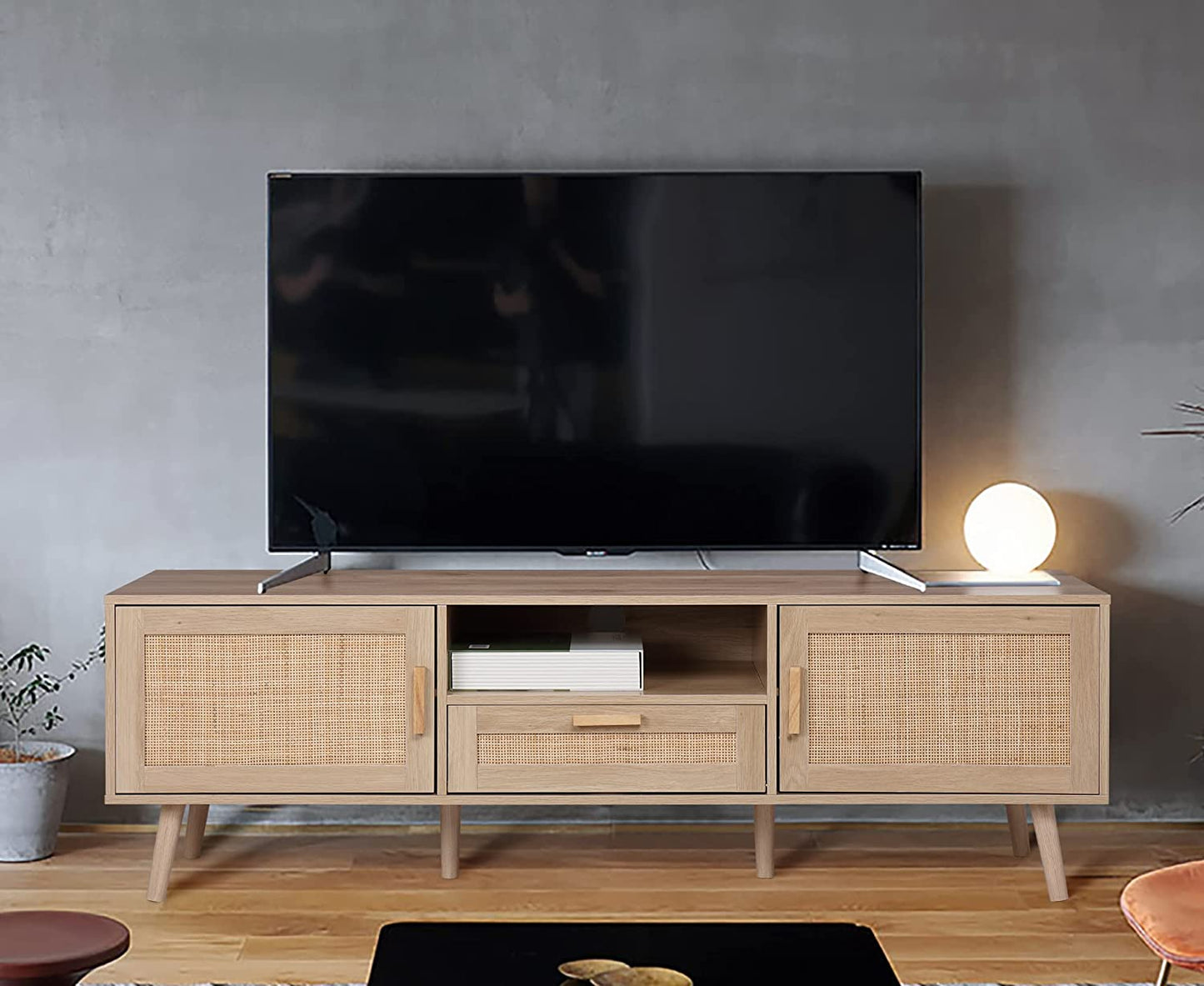 Rattan TV Stand, for TVs up to 65", Beautiful Console Media Center with Rattan Decorated Doors