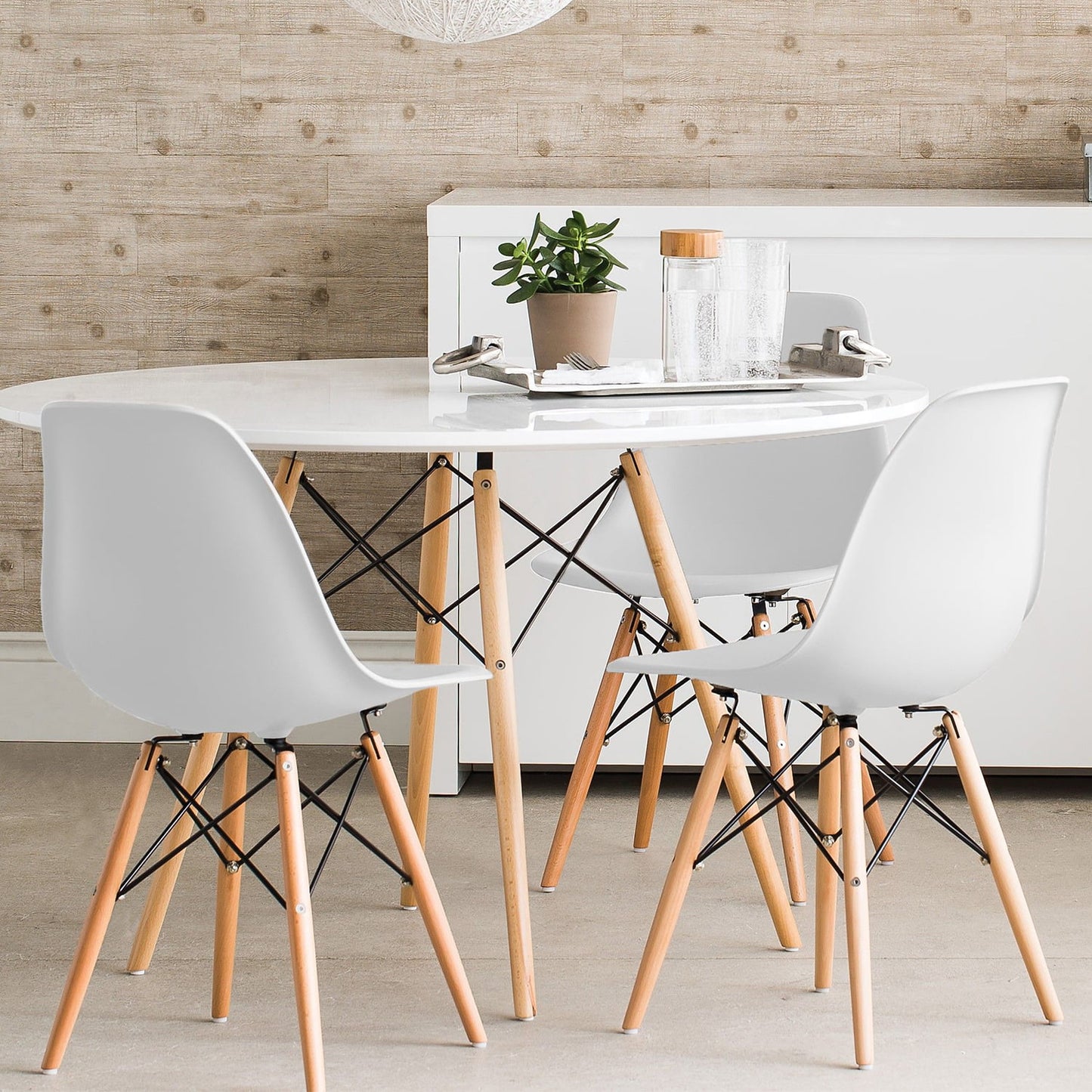 Mid Century Modern Set of 4 Dining Chairs for Kitchen, Living Room, Office, Solid Wood Legs White