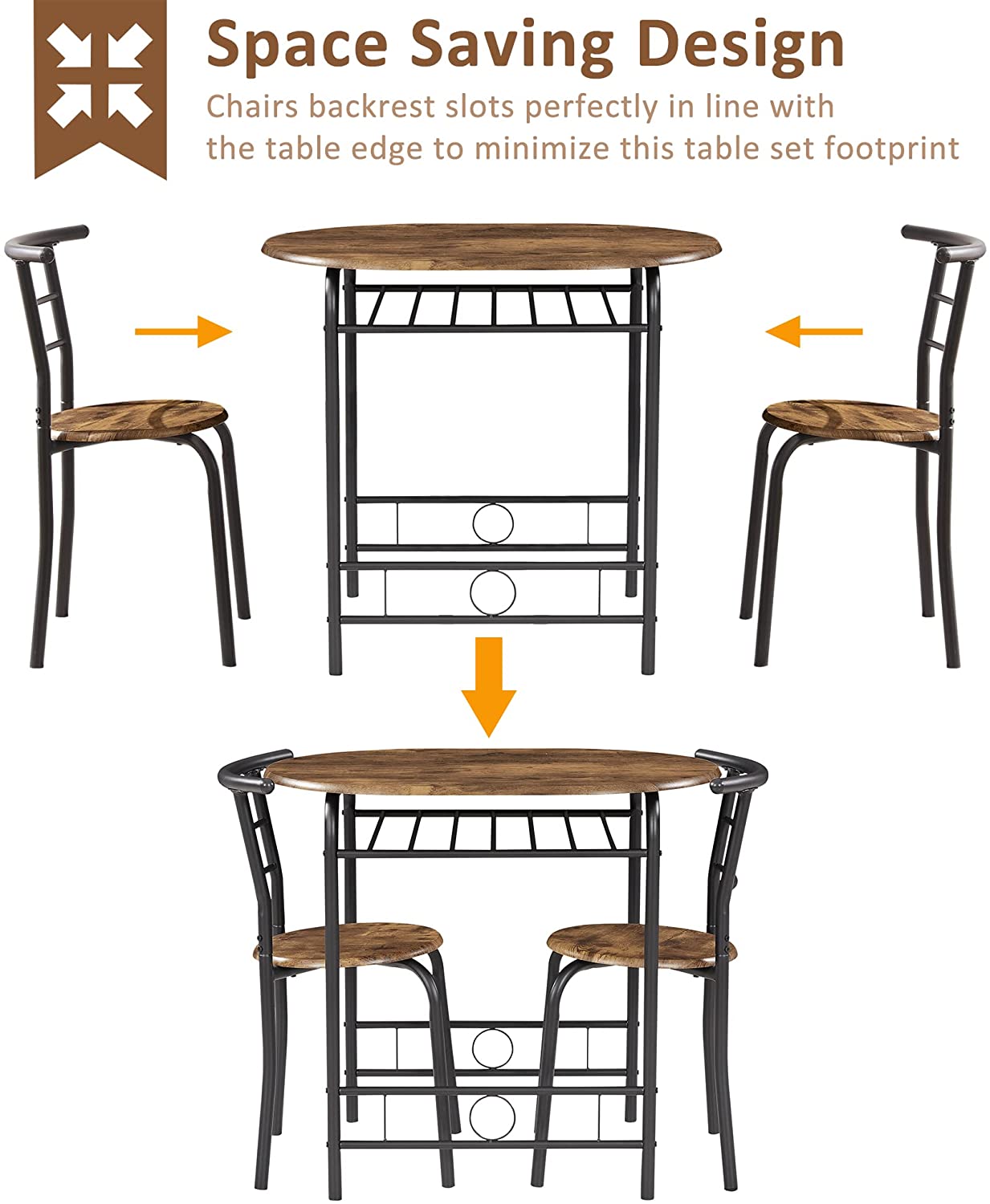 3 Piece Wood Round Table & Chair Set for Kitchen Dining Room with Wine Storage Rack + Metal Frame