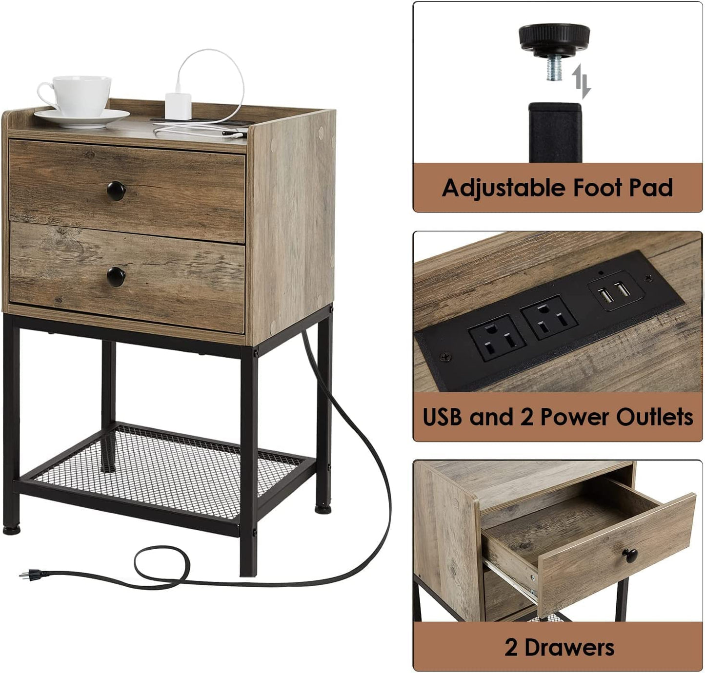 Nightstand with Charging Station and 2 USB Ports Side Table + 2 Drawers and Metal Shelf for Bedroom