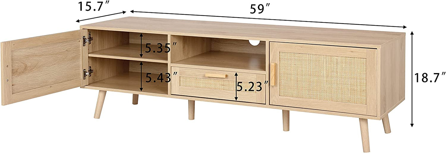 Rattan TV Stand, for TVs up to 65", Beautiful Console Media Center with Rattan Decorated Doors