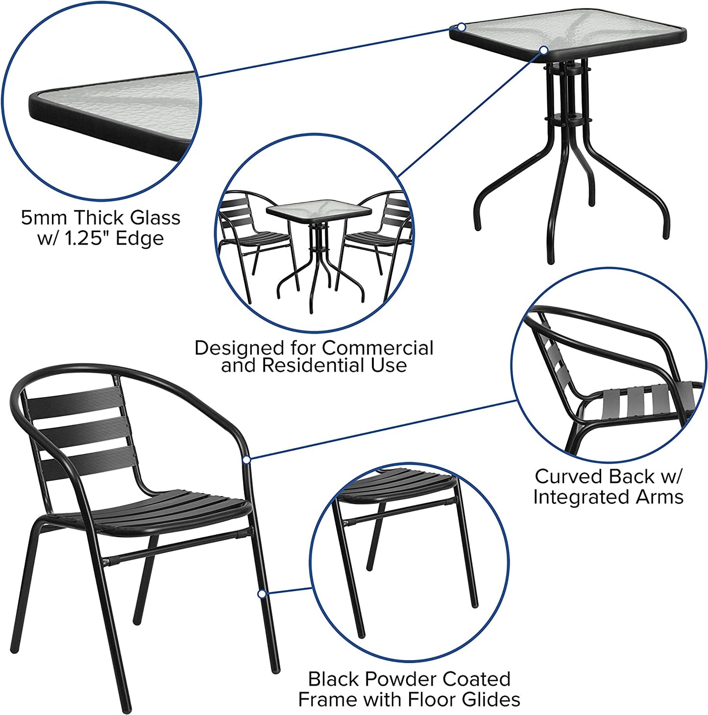 Chic 3 Pieces Patio Furniture Sets w/Square Glass Metal Table Outdoor Garden Porch Furniture Sets