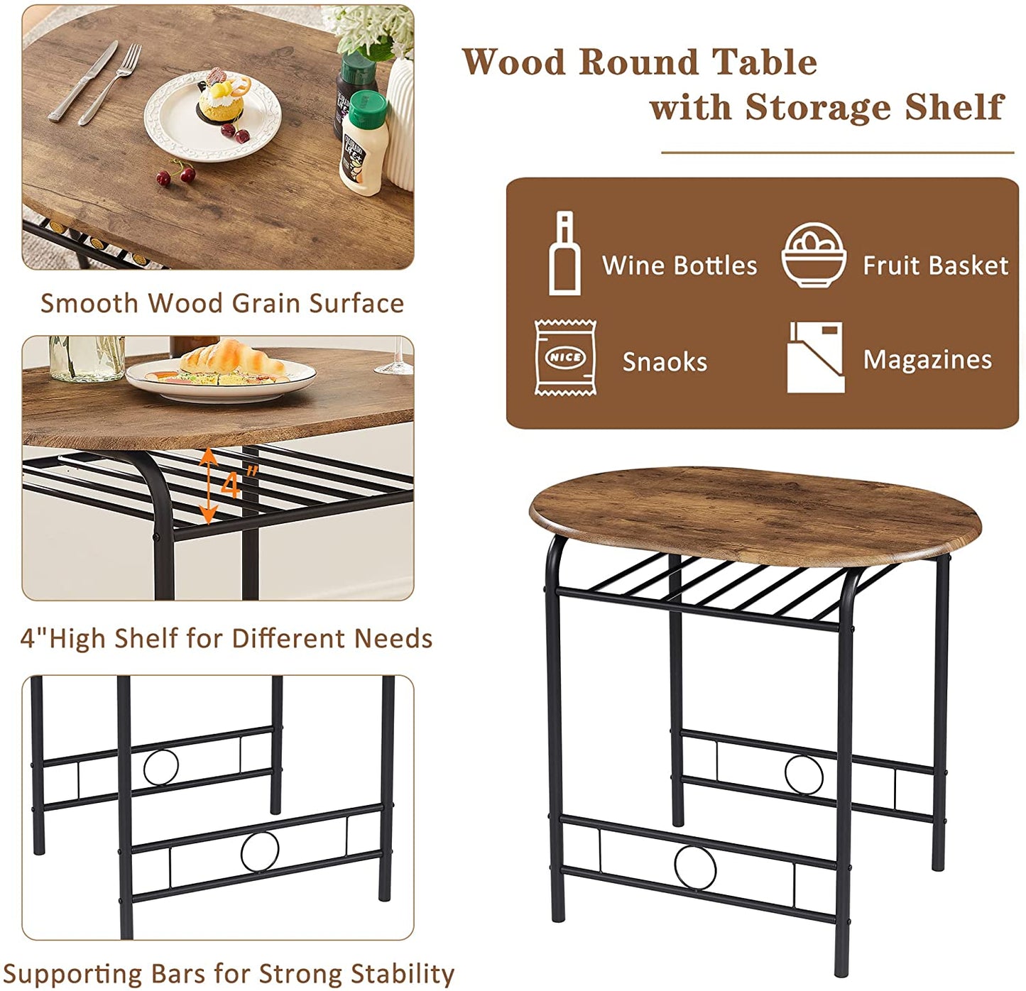 3 Piece Wood Round Table & Chair Set for Kitchen Dining Room with Wine Storage Rack + Metal Frame