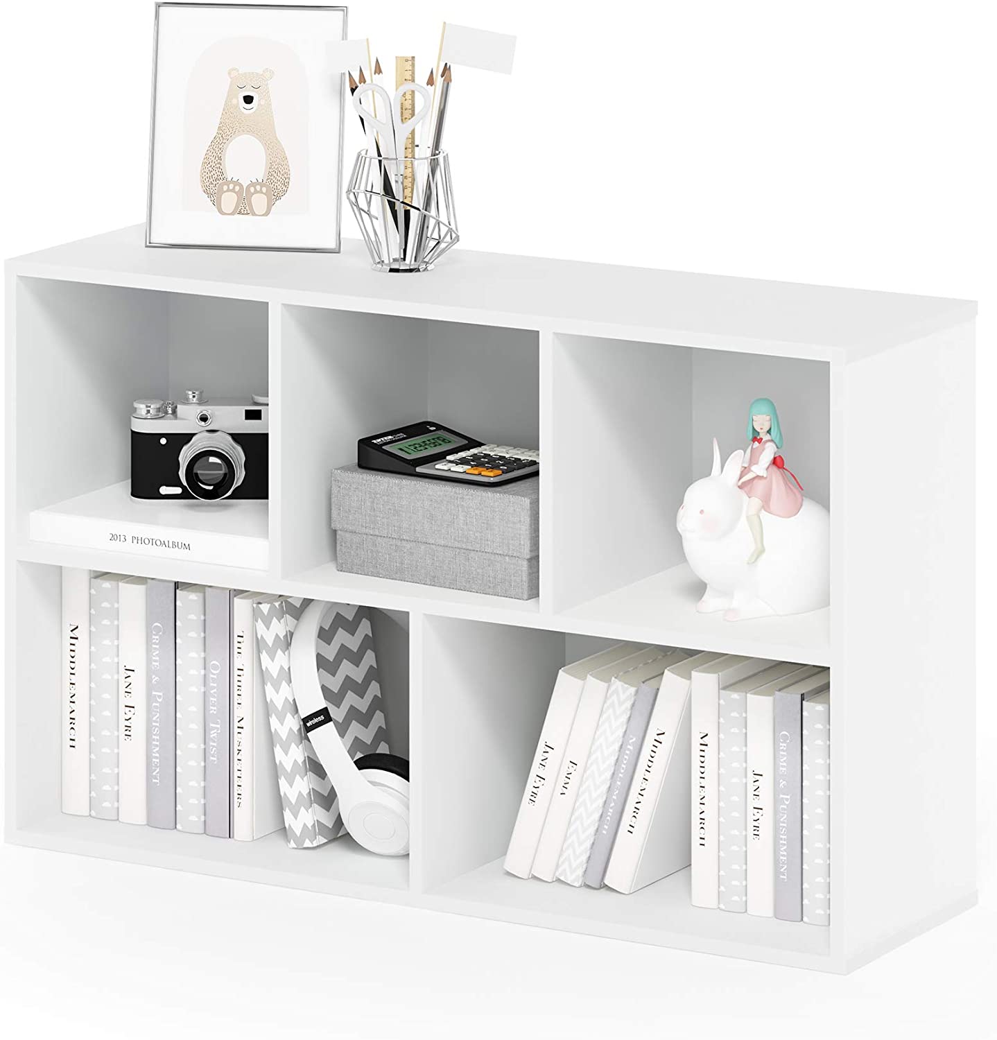 Simple Stylish Modern 5 Cube Bookcase or Bookshelf, Cute Storage Organizer, Toy Organizer, White