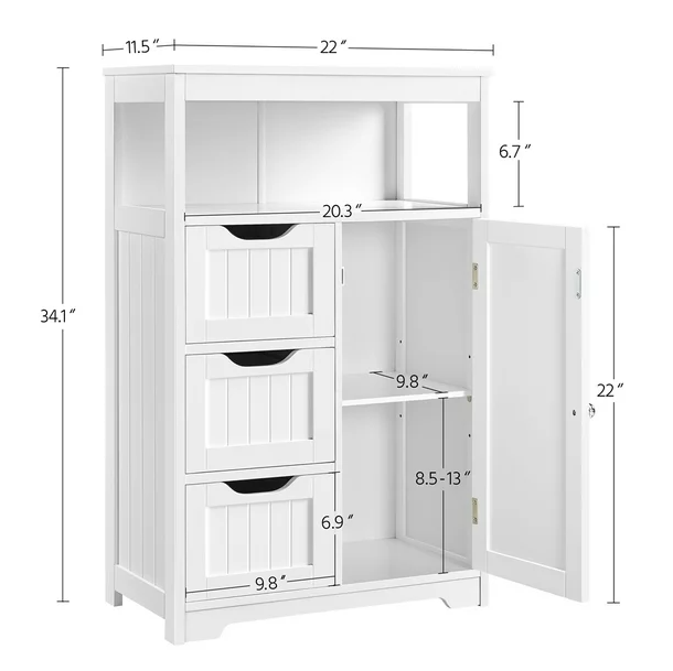 Cute White Dresser with 3 Drawer & Cupboard, Entryway, Cabinet Storage For Home Bedroom Bathroom