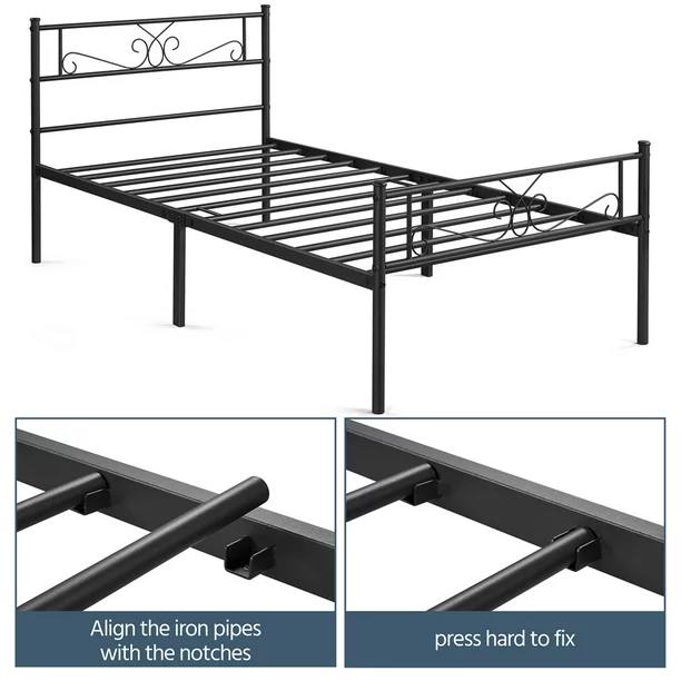 Premium Twin Size Bed Frame W/ Headboard & Footboard, Noiseless Metal Slats, No Boxspring Needed