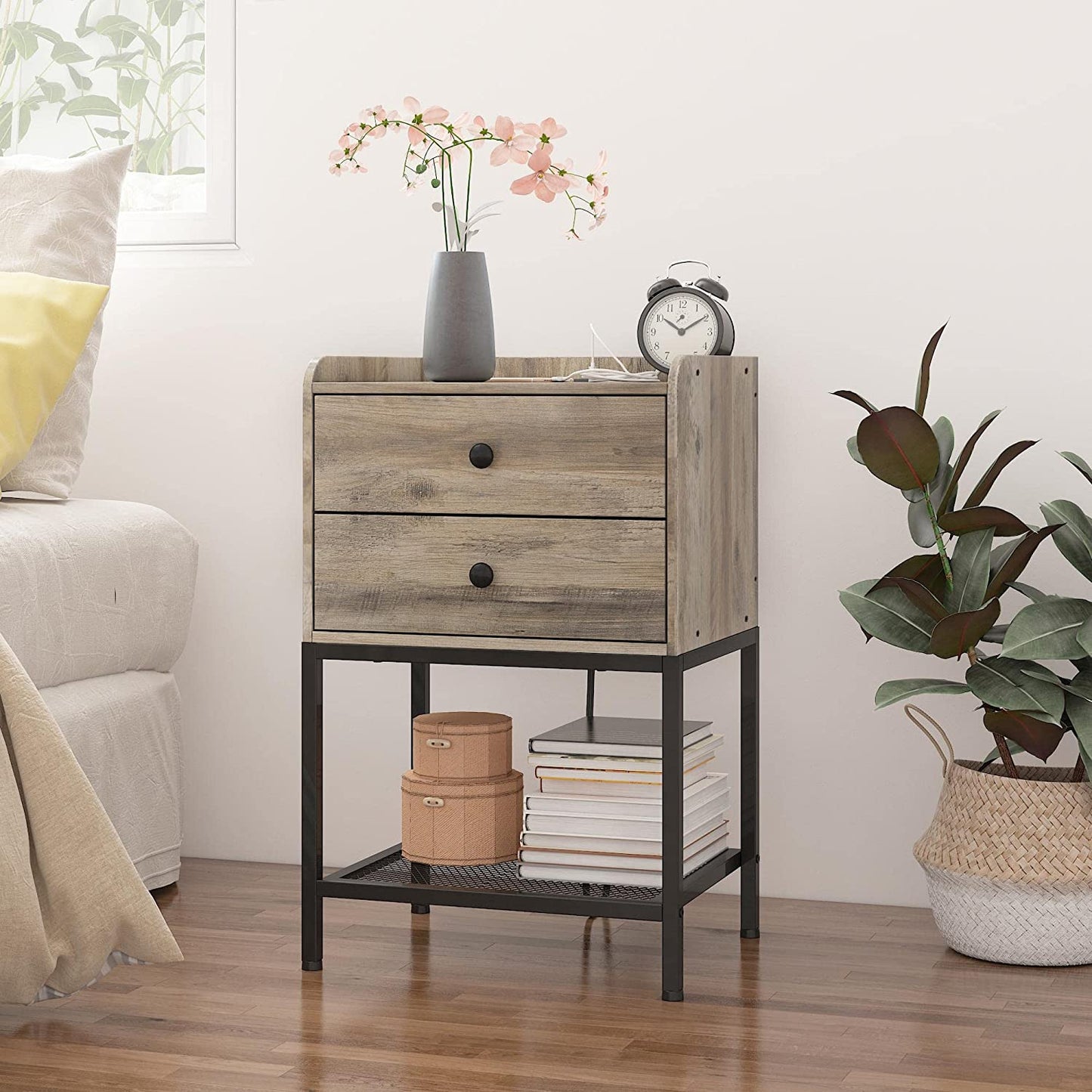 Nightstand with Charging Station and 2 USB Ports Side Table + 2 Drawers and Metal Shelf for Bedroom