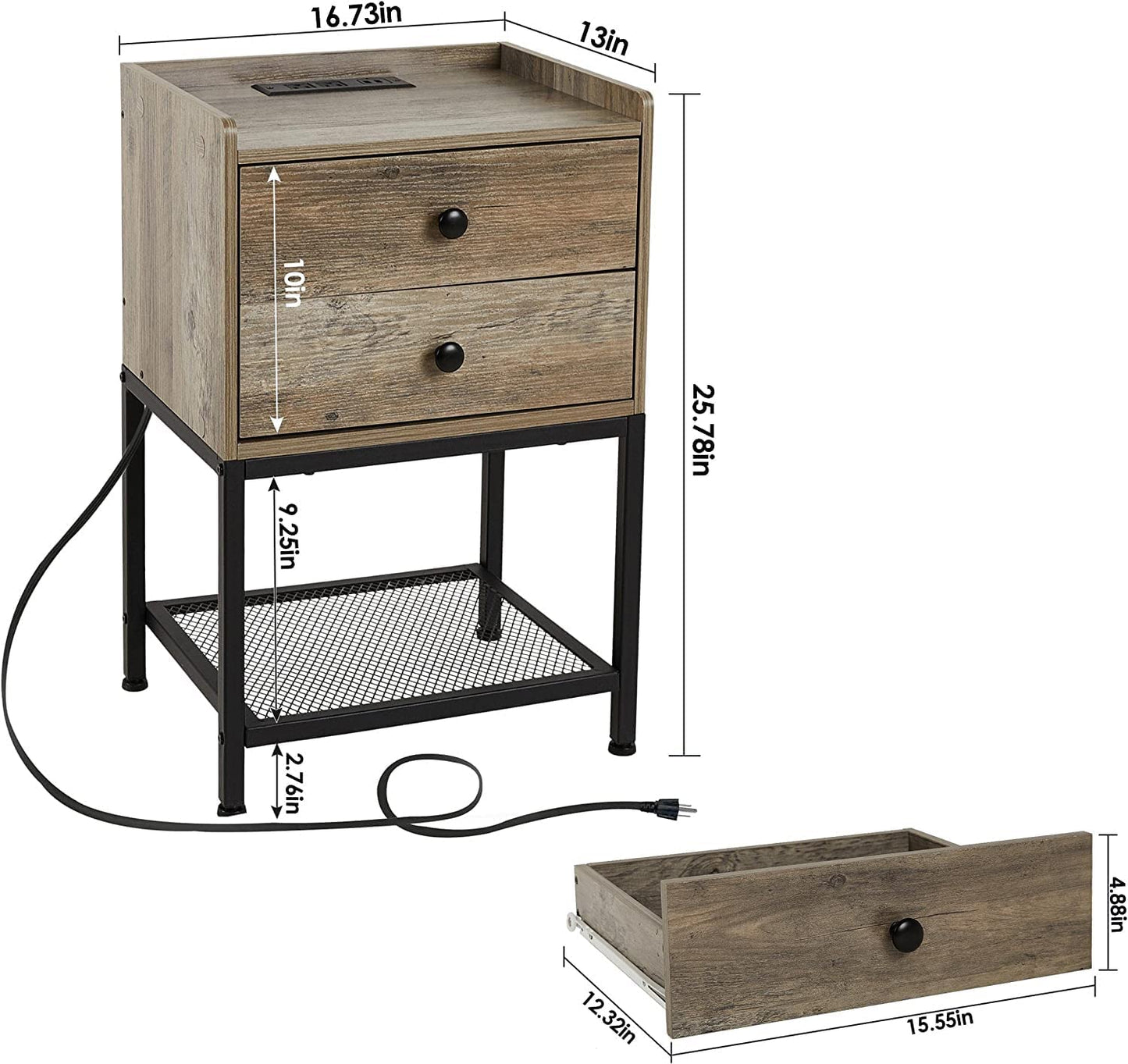 Nightstand with Charging Station and 2 USB Ports Side Table + 2 Drawers and Metal Shelf for Bedroom