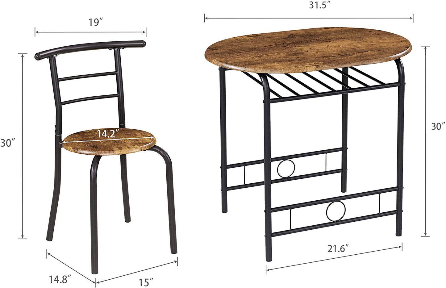 3 Piece Wood Round Table & Chair Set for Kitchen Dining Room with Wine Storage Rack + Metal Frame