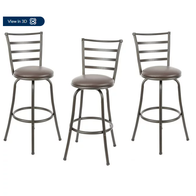 Industrial Counter Bar Stools Set of 3, Swivel Barstools with Metal Back + Fabric Seat and Footrest